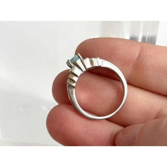 Natural Aquamarine Geoemtric 925 Sterling Silver Vintage Ring - sz 7.25 - Picture 12 of 16